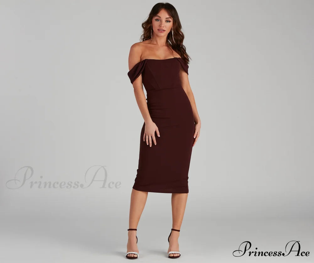 Sheila Crepe Corset Charming Midi Formal Dress BROWN / L