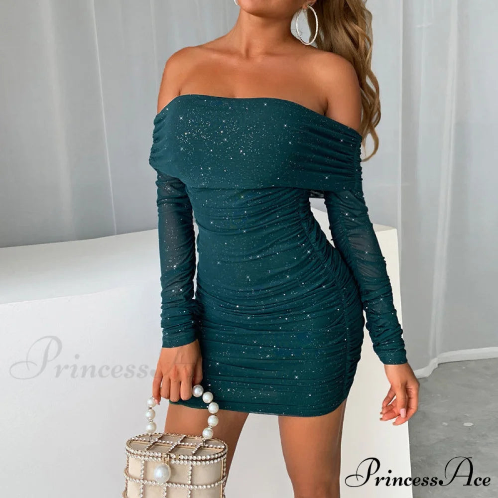 Shimmer Nights Off the Graceful Shoulder Glitter Mini Dress