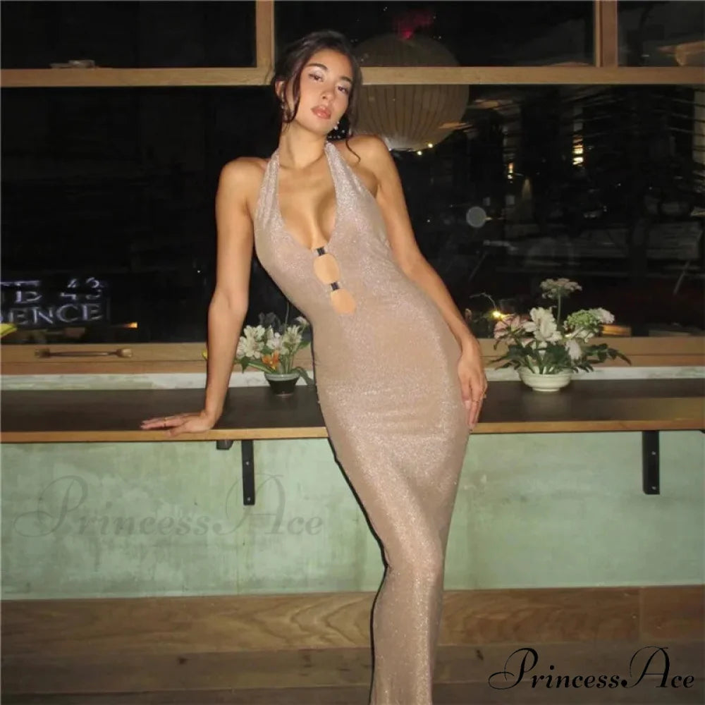 Shimmering Low-Cut Holiday Gown vacationdress-250223