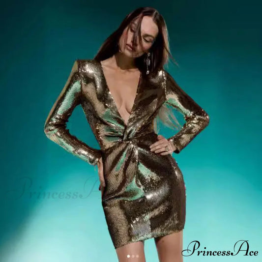 Shimmering Plunging Neckline Bodycon Formal Gown promdress-250223