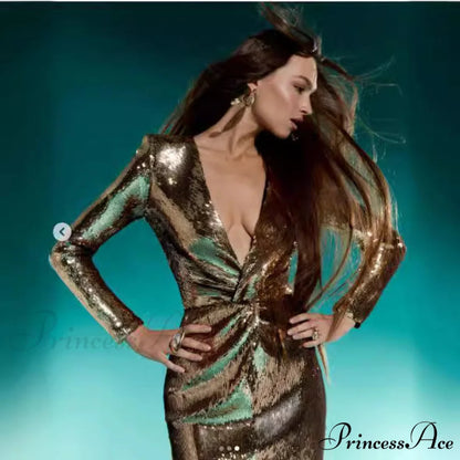Shimmering Plunging Neckline Bodycon Formal Gown promdress-250223
