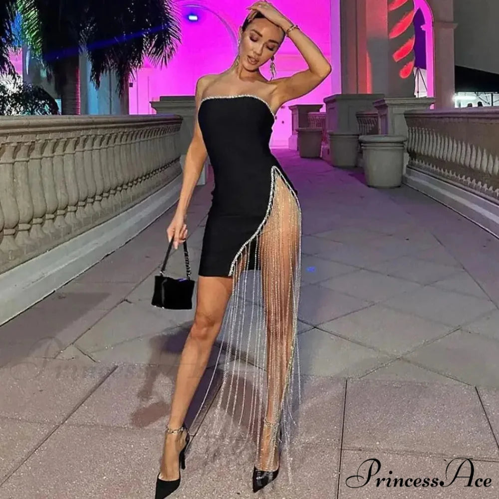 Shining Chain Slit Strapless Black Party Dress Black / S