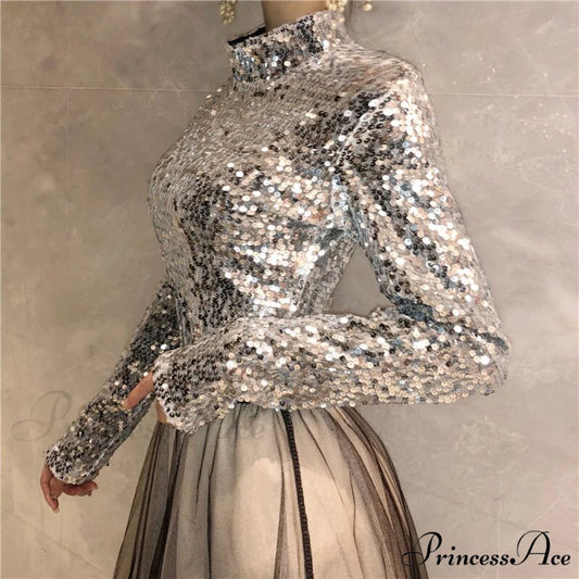 Shinny Sequin Long Sleeve Party Glitter Slim Festival Chic Tshirt