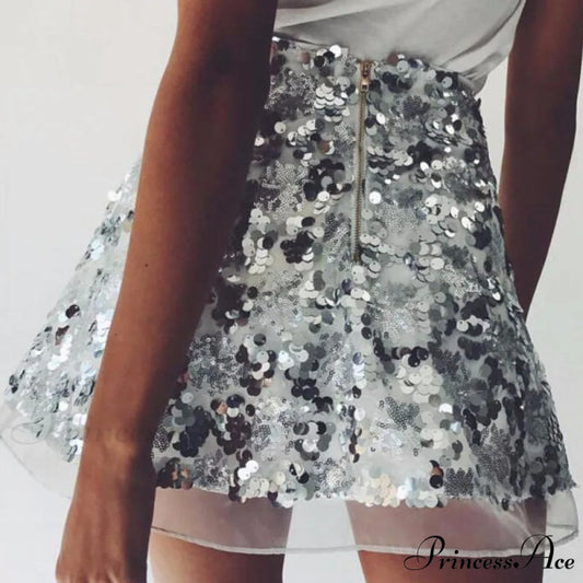 Shiny Glitter Sequins High Waist A Line Short Skirt Silver / L