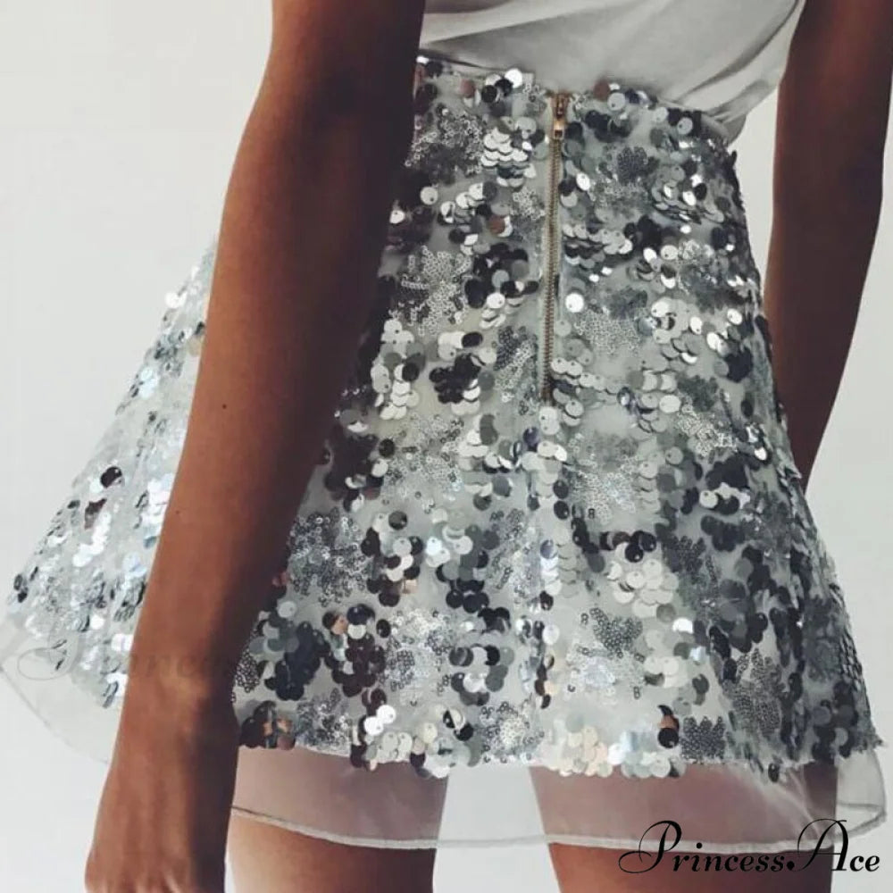 Shiny Glitter Sequins High Waist A Line Short Skirt Silver / S