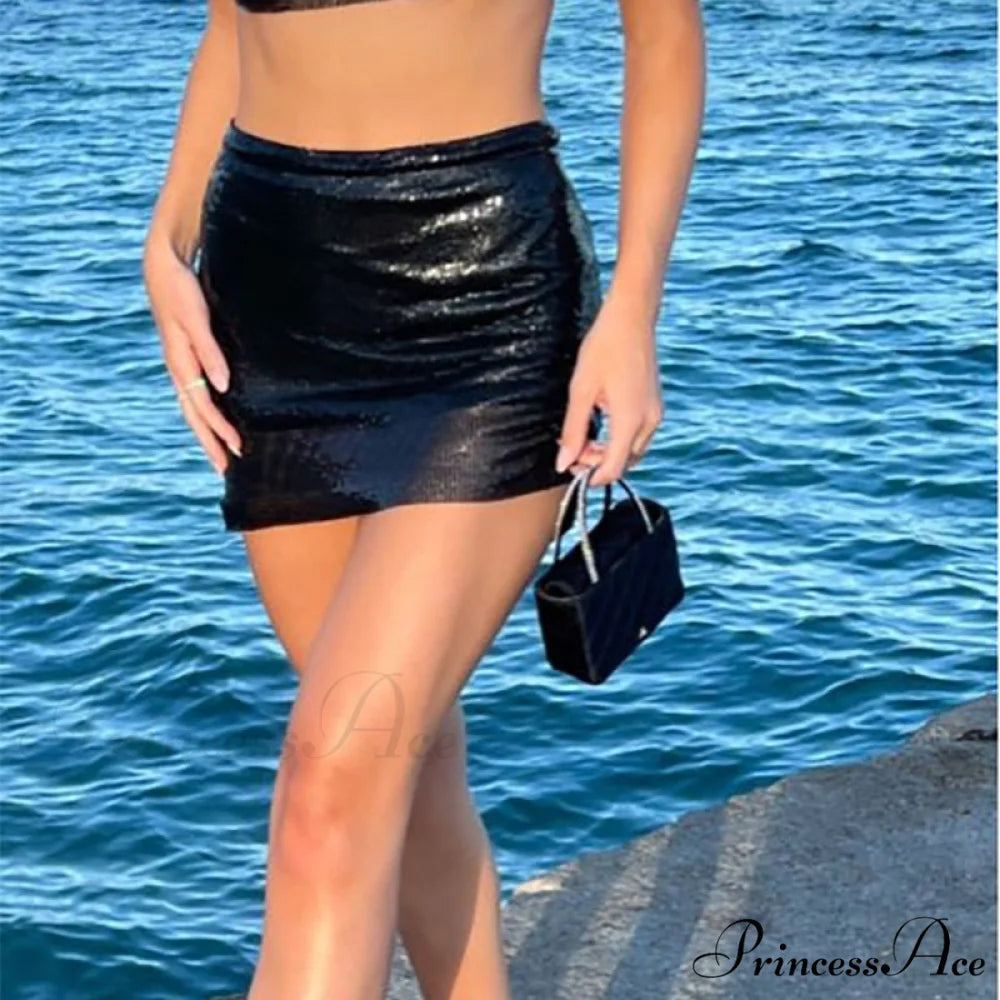 Shiny Hollow Out Split Metal Sequins Solid See Through Skirt