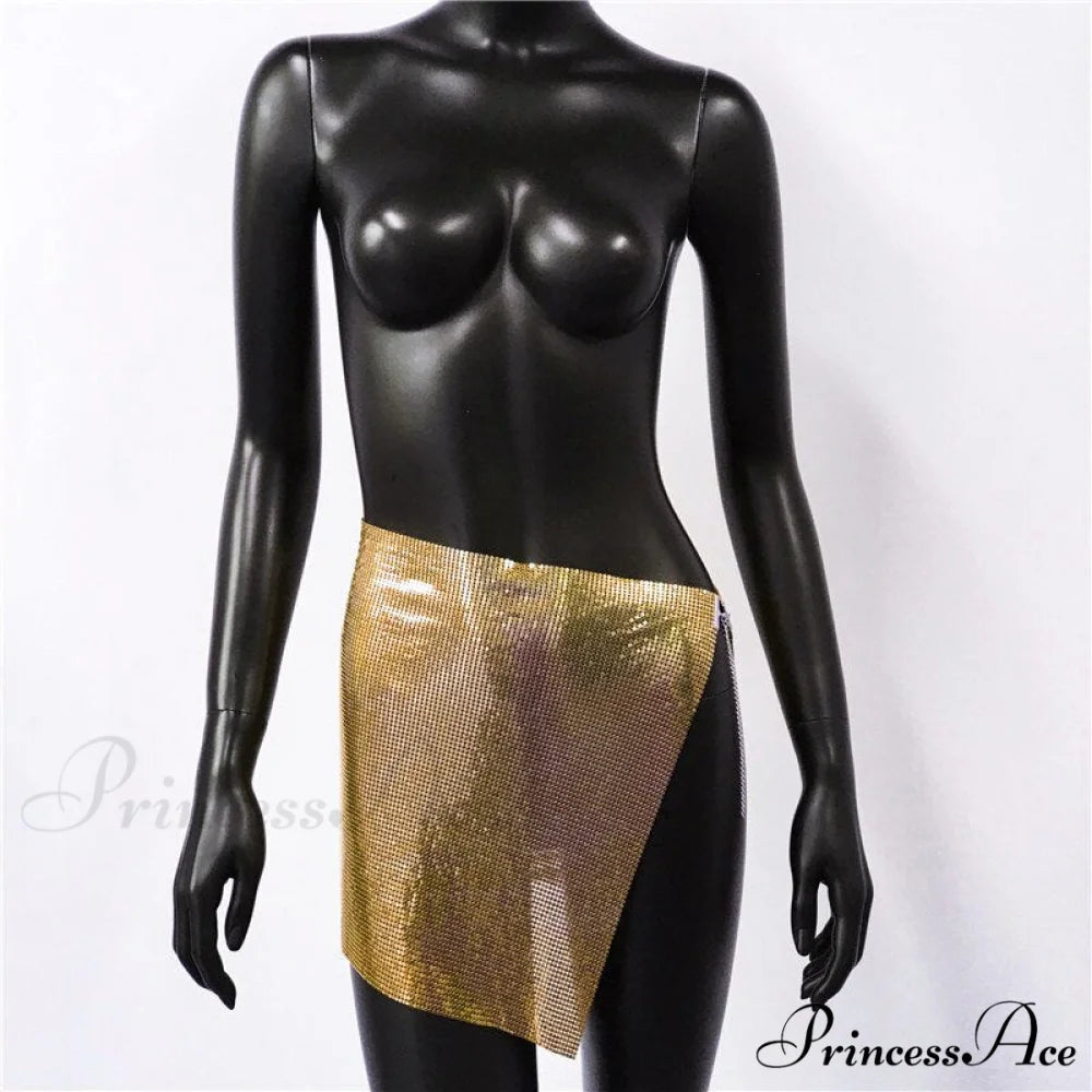 Shiny Hollow Out Split Metal Sequins Solid See Through Skirt Gold / S
