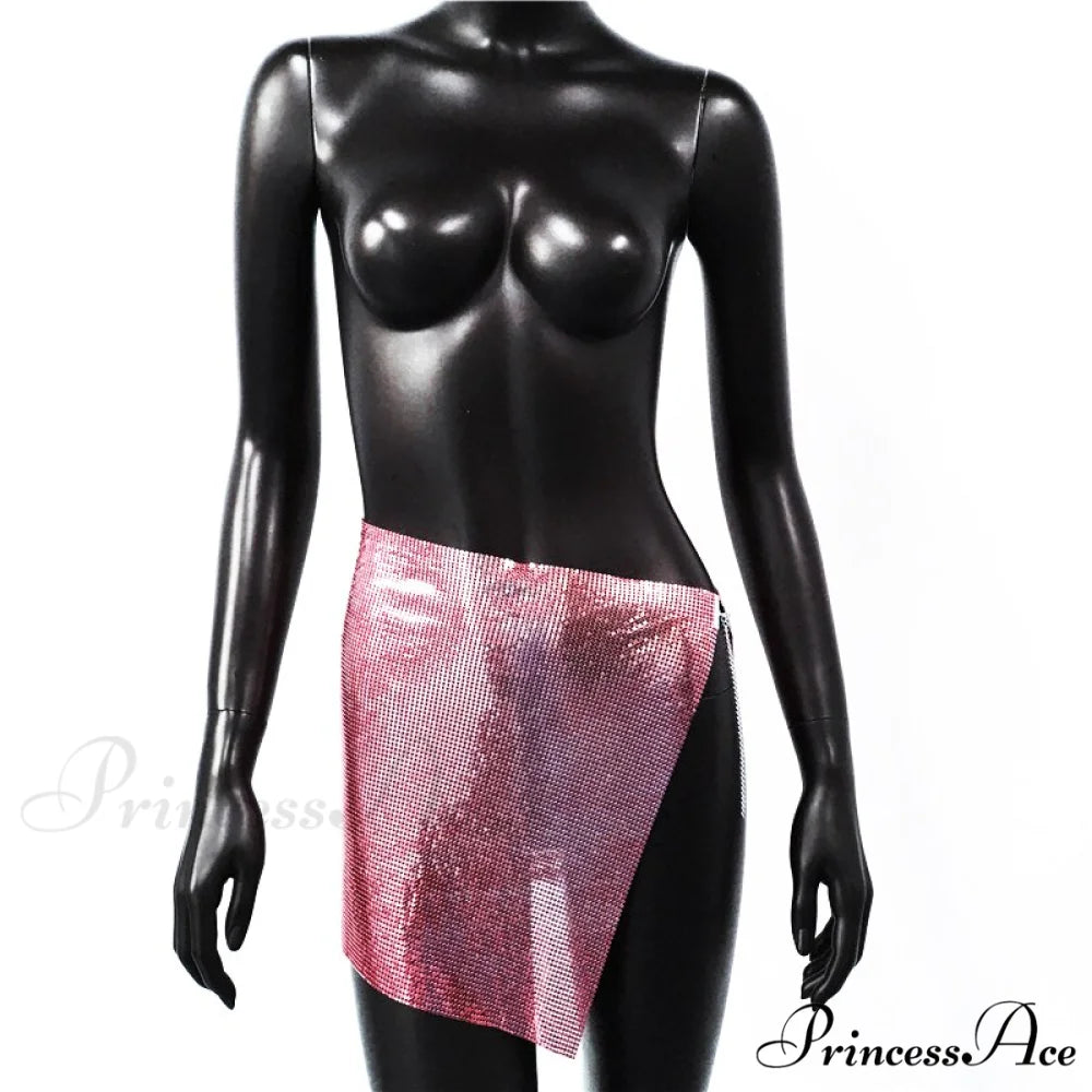 Shiny Hollow Out Split Metal Sequins Solid See Through Skirt Pink / S
