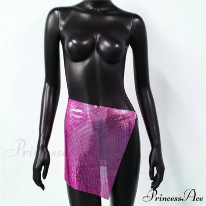 Shiny Hollow Out Split Metal Sequins Solid See Through Skirt Rose Red / S