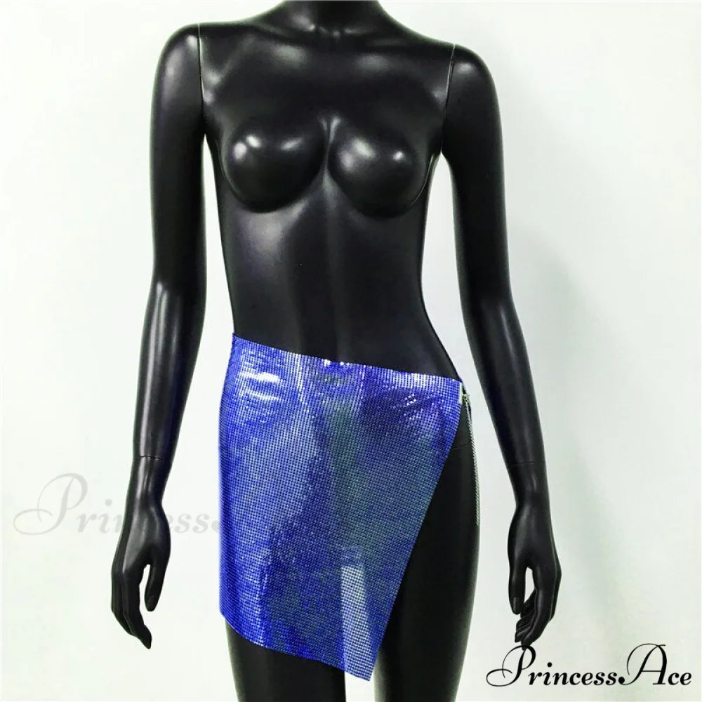 Shiny Hollow Out Split Metal Sequins Solid See Through Skirt royal blue / S