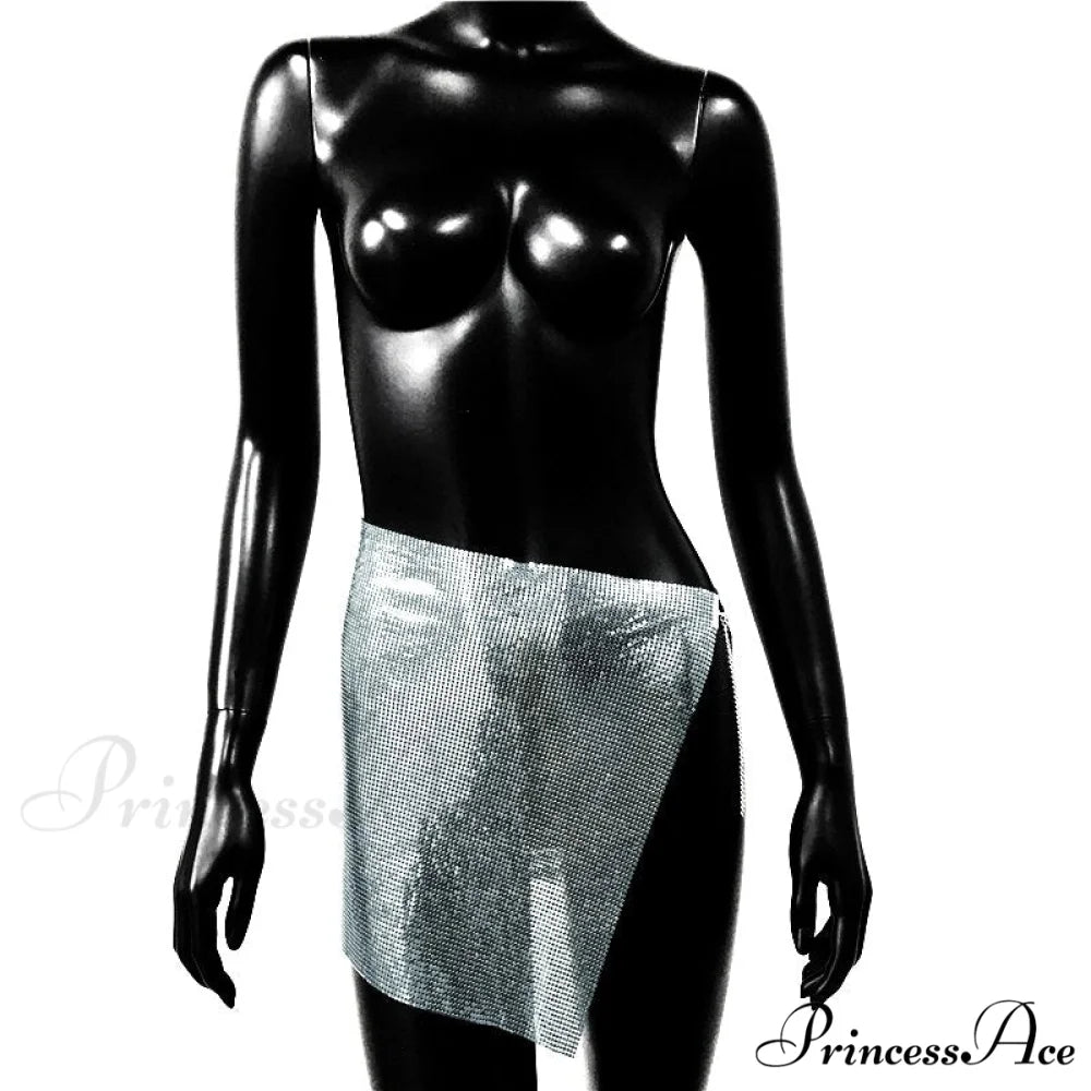 Shiny Hollow Out Split Metal Sequins Solid See Through Skirt Silver / S