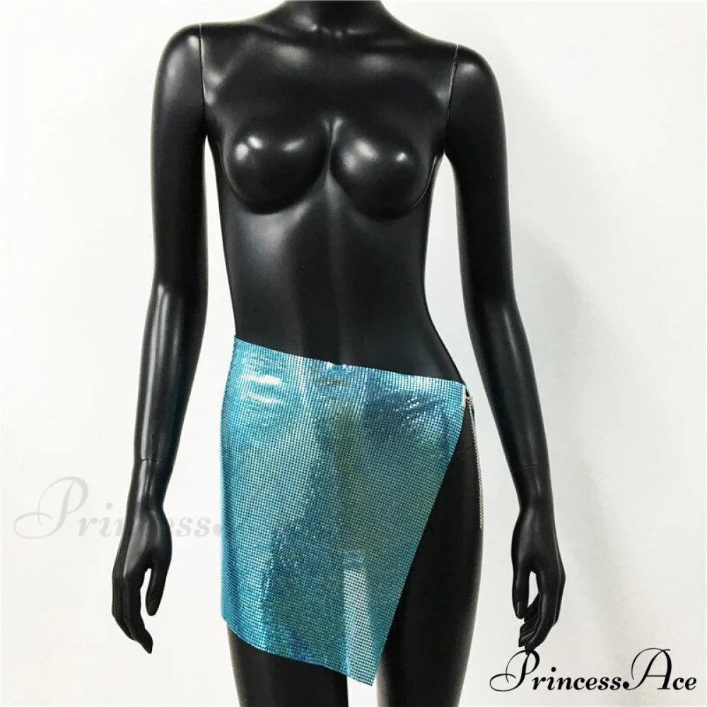 Shiny Hollow Out Split Metal Sequins Solid See Through Skirt Sky blue / S