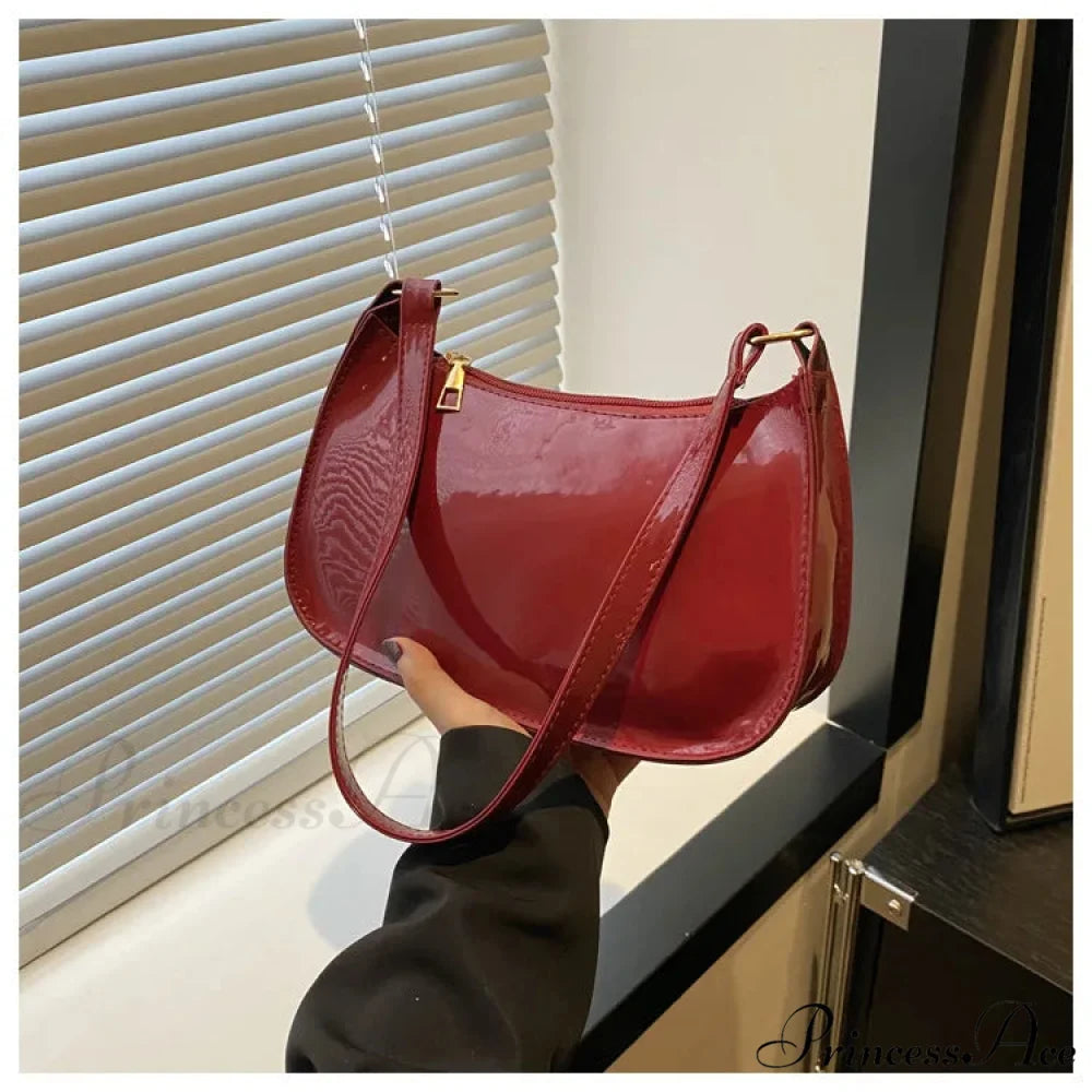 Shiny Leather Flexible Style Shoulder Bag Red shoulder-250126