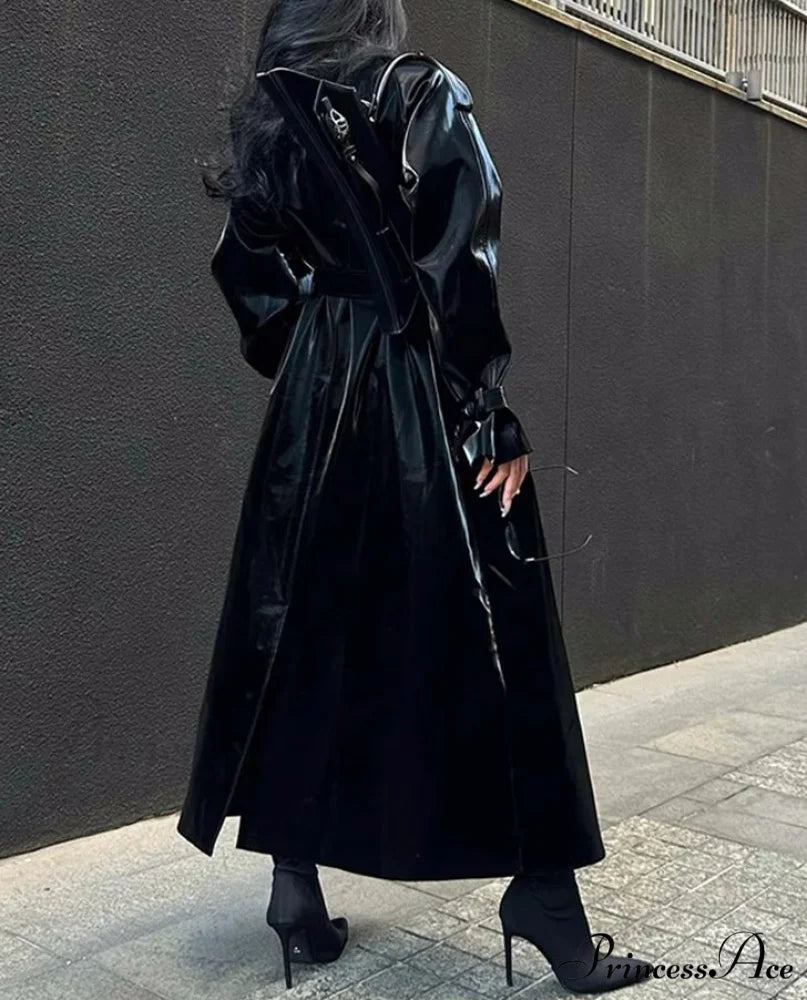Shiny Patent Leather Trench Overcoat Black / S overcoats-241228