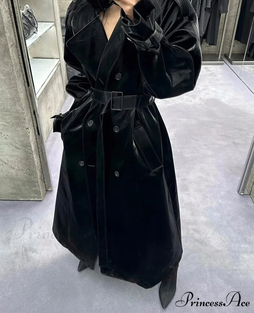 Shiny Patent Leather Trench Overcoat overcoats-241228