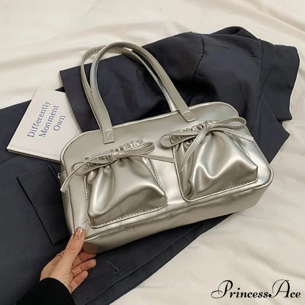 Shiny PU Stitching Thread Shoulder Bag Silver / Without pendant shoulder-250126