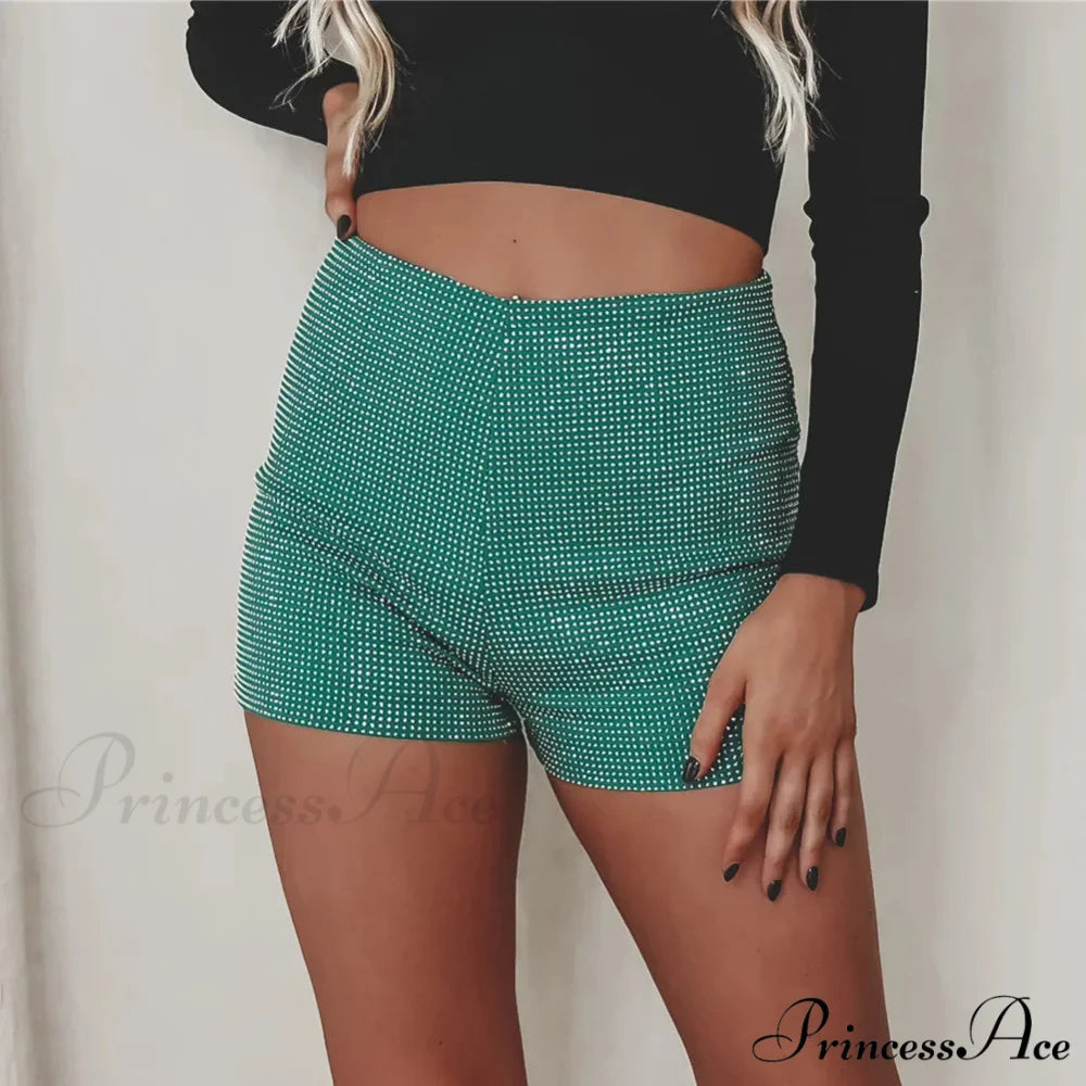 Shiny Rhinestone High Waist Summer Beach Nightclub Streetwear Casual Short GREEN / S