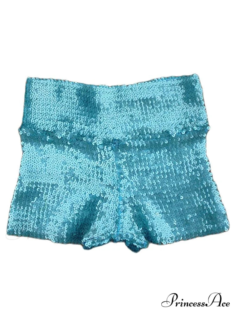 Shiny Sequin Pencil High Waist Mini Shorts Lake Blue / S