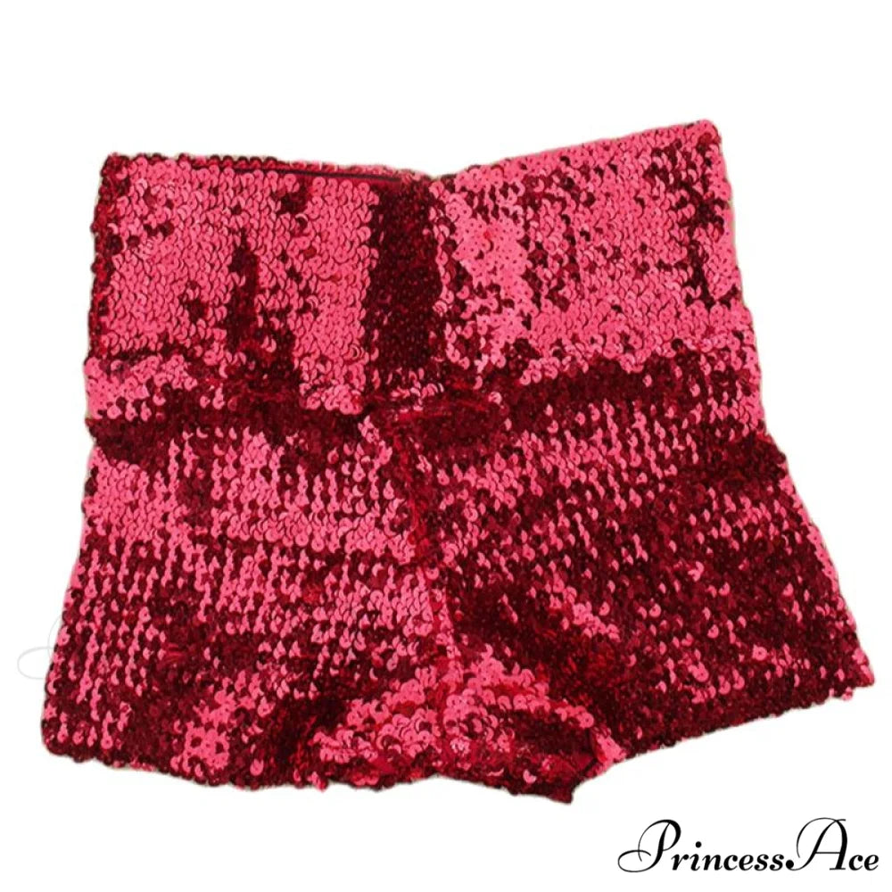 Shiny Sequin Pencil High Waist Mini Shorts Red / S