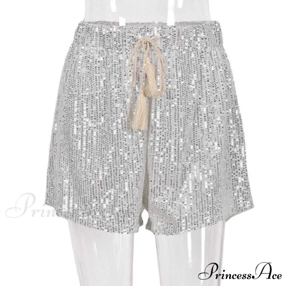 Shiny Sequin Pencil High Waist Mini Shorts Sliver Lace / S
