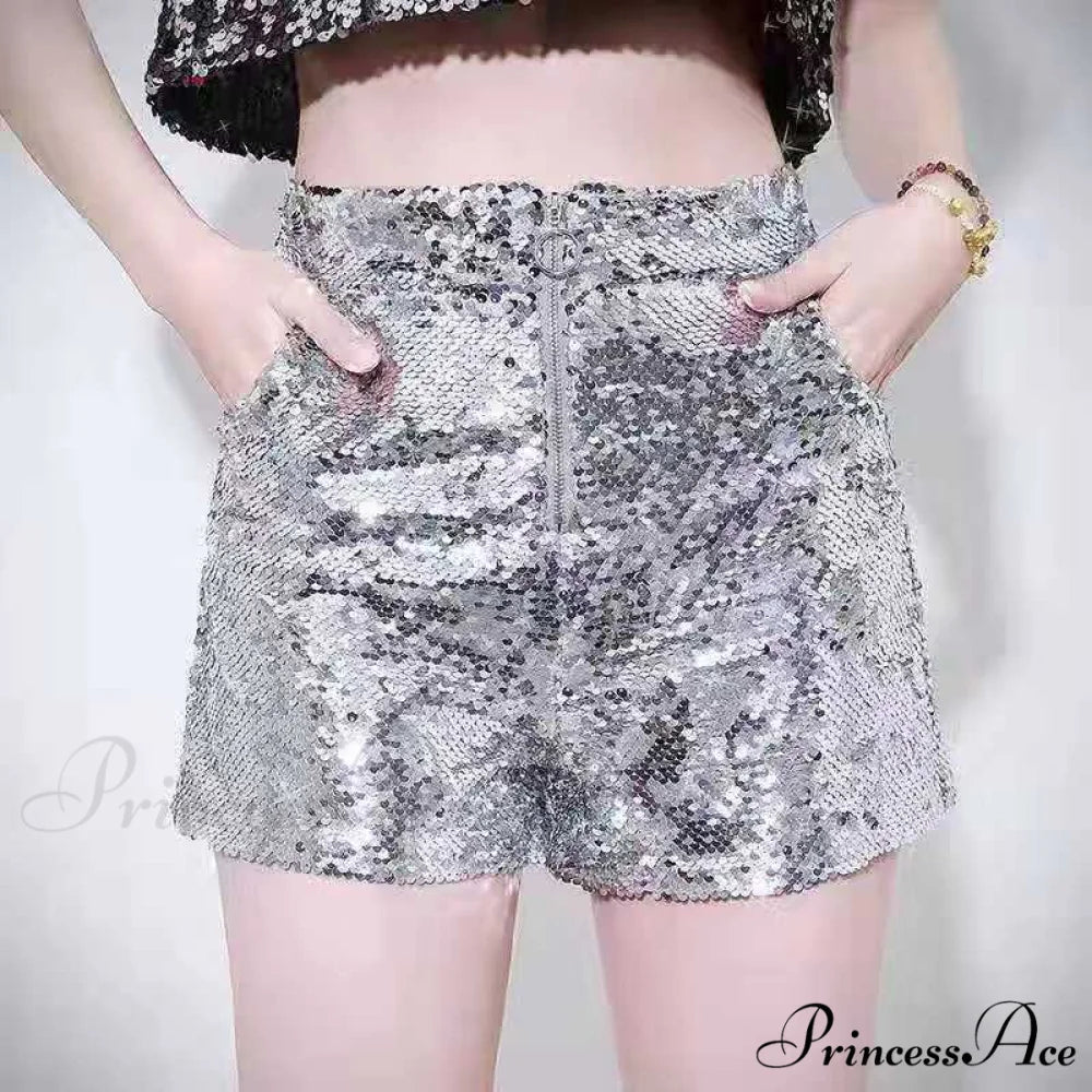 Shiny Sequin Pencil High Waist Mini Shorts Sliver Zipper / S