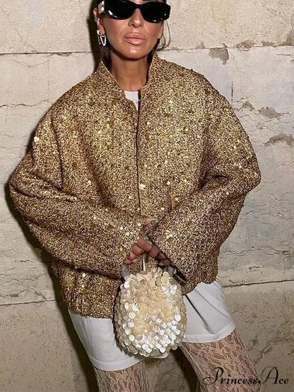 Shiny Sequins Bomber Brief Coat coats-241228