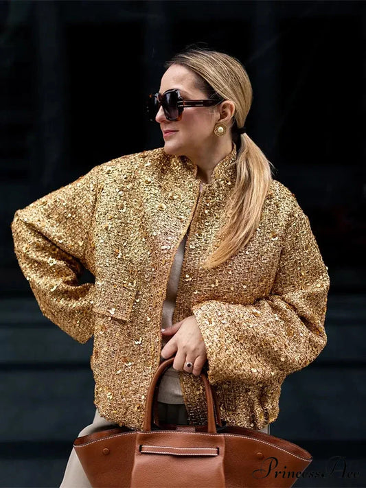 Shiny Sequins Bomber Brief Coat Gold / XS coats-241228