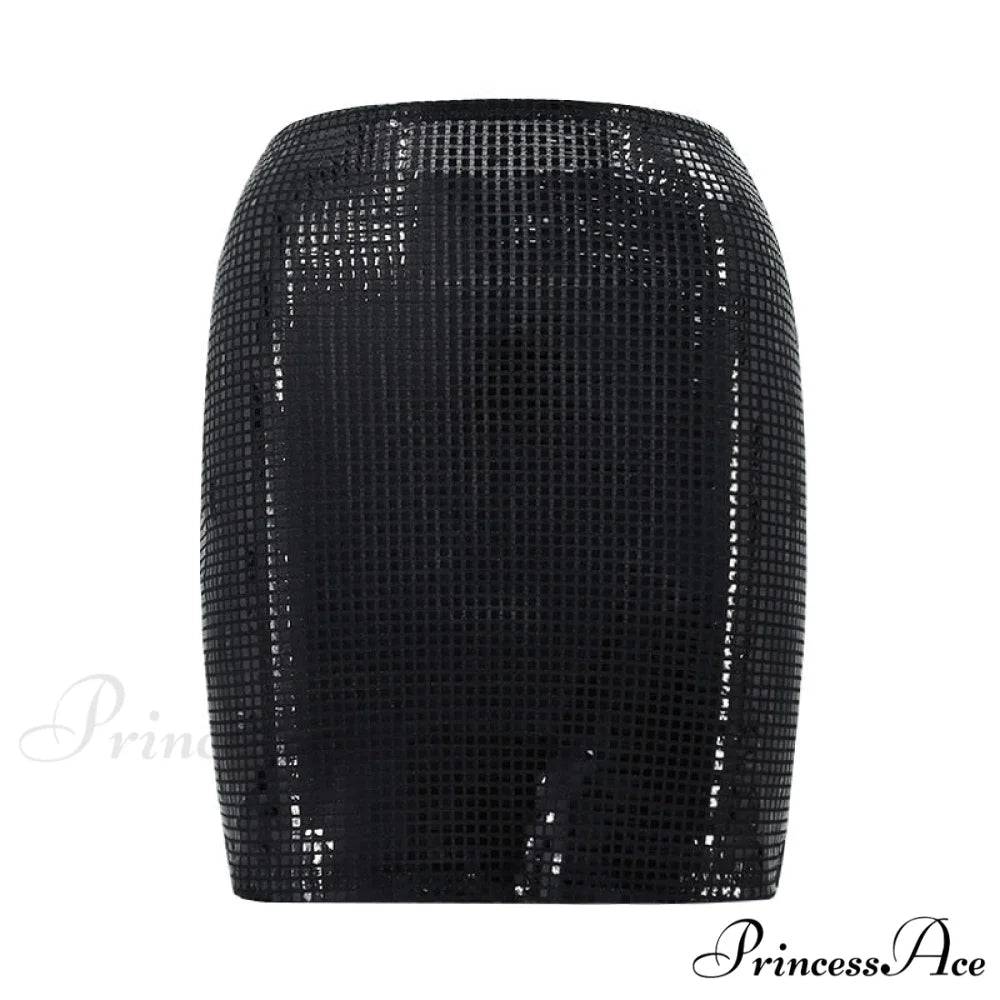 Shiny Sequins Chic Bodycon Solid Color Mini Skirt Black / S
