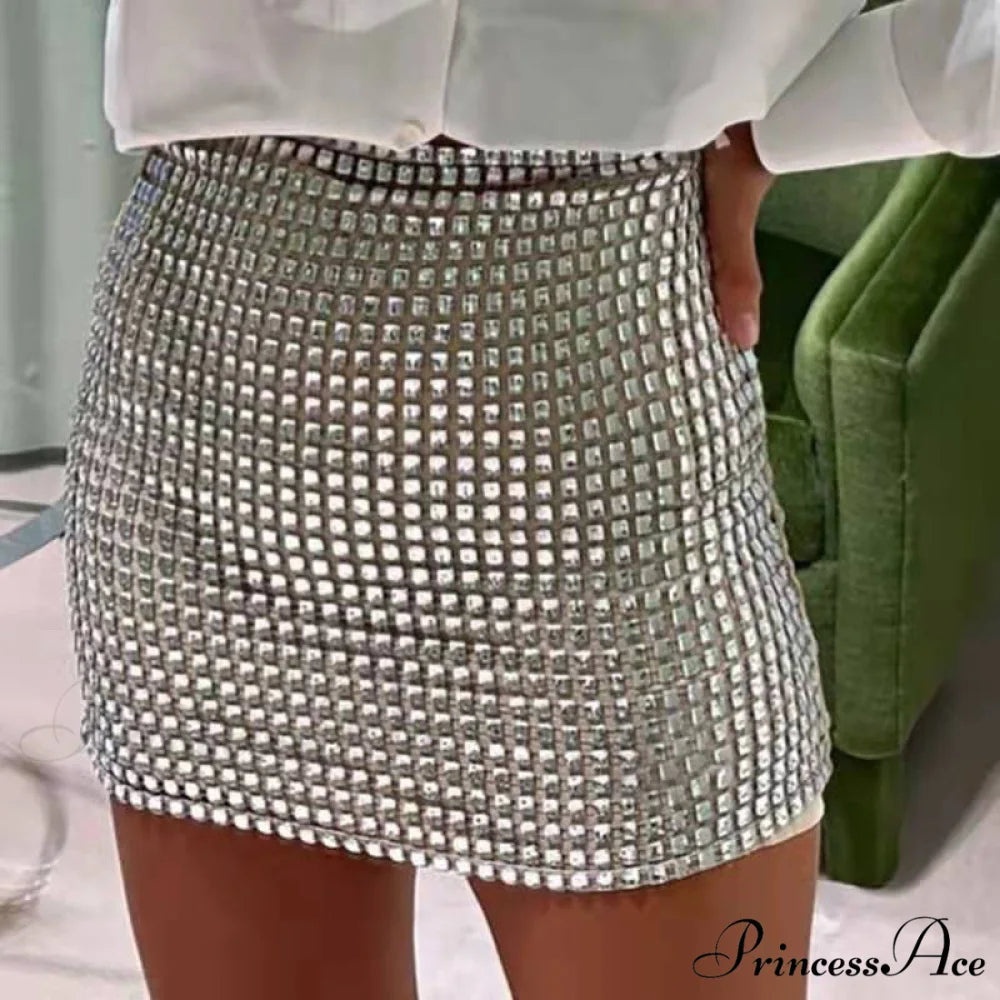 Shiny Sequins Chic Bodycon Solid Color Mini Skirt White / S