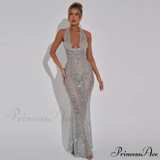 Shiny Sequins Deep V-Neck Halter Party Dress