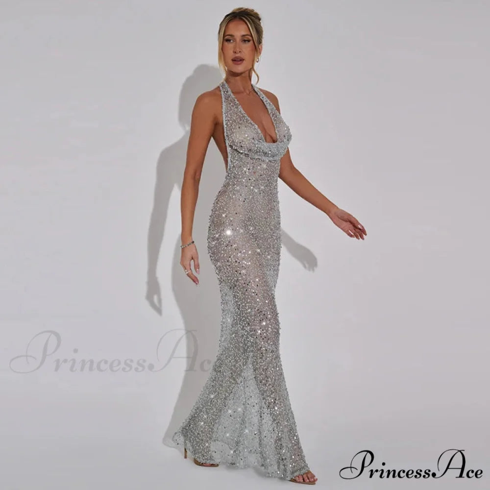 Shiny Sequins Deep V-Neck Halter Party Dress GRAY / S