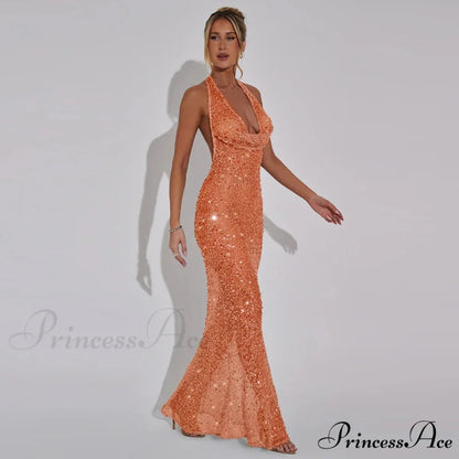 Shiny Sequins Deep V-Neck Halter Party Dress Orange / S