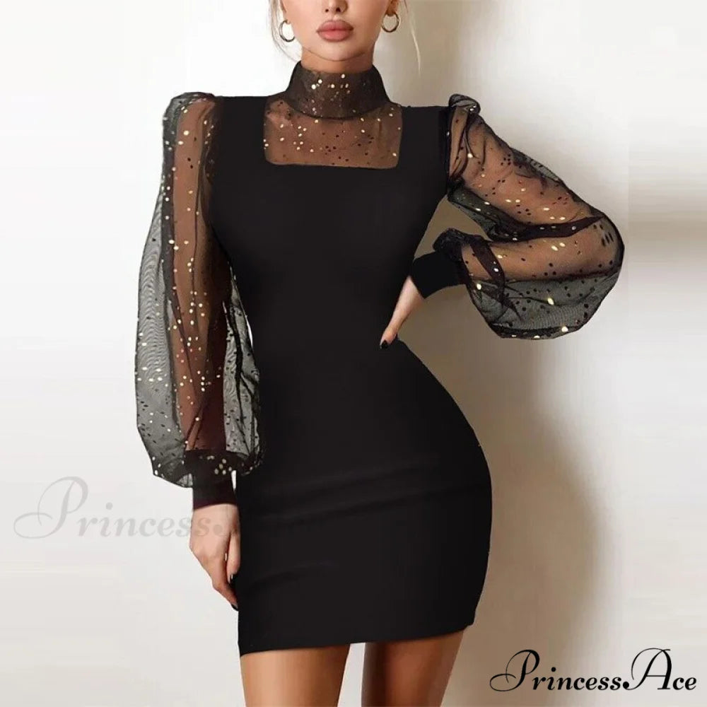 Shiny Silk Turtleneck Mesh Patchwork Long Sleeve A-line Dress 01 Mesh Black / S