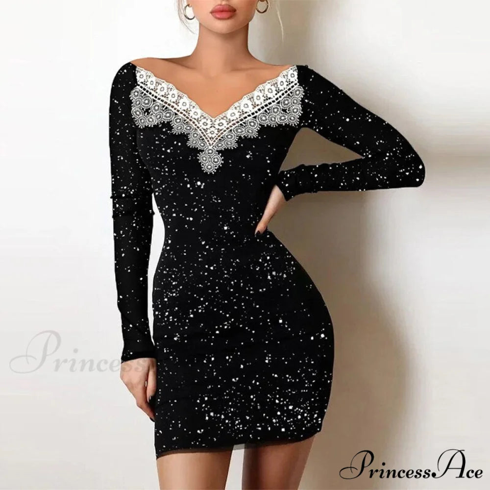 Shiny Silk Turtleneck Mesh Patchwork Long Sleeve A-line Dress 01 V Neck Print / S