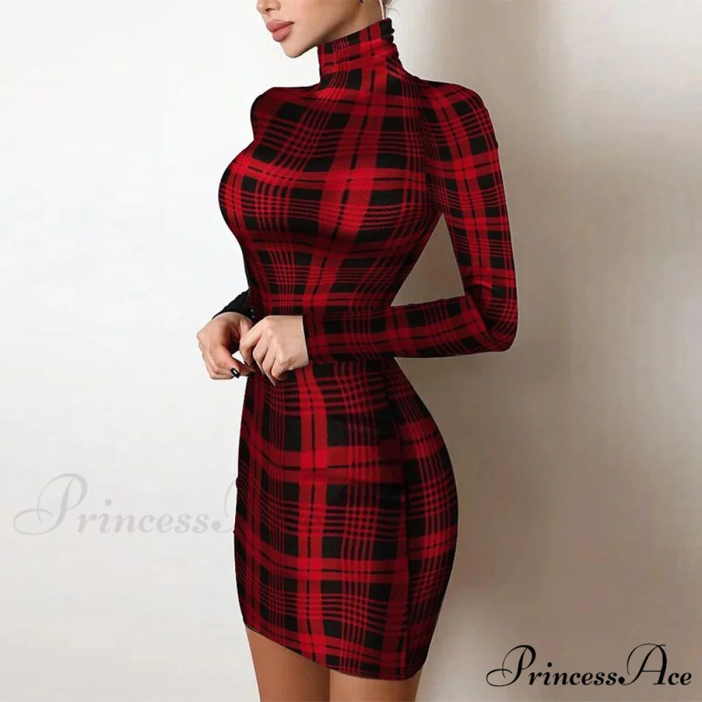 Shiny Silk Turtleneck Mesh Patchwork Long Sleeve A-line Dress 07 Red Plaid / S