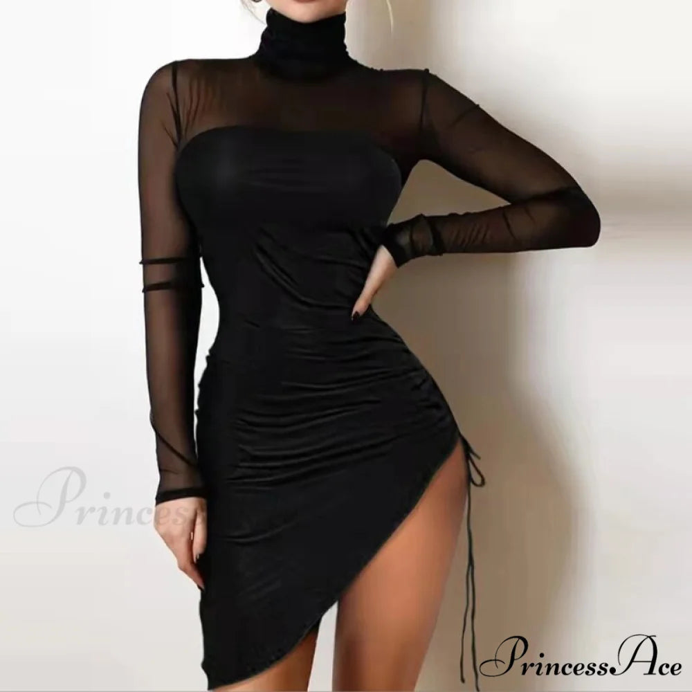 Shiny Silk Turtleneck Mesh Patchwork Long Sleeve A-line Dress 09 Drawstring Black / S