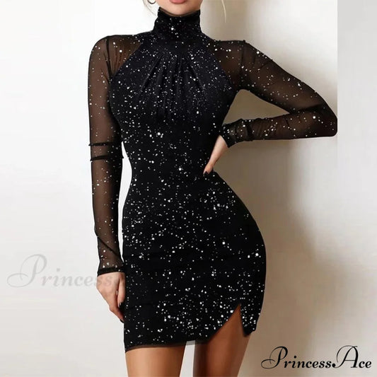 Shiny Silk Turtleneck Mesh Patchwork Long Sleeve A-line Dress