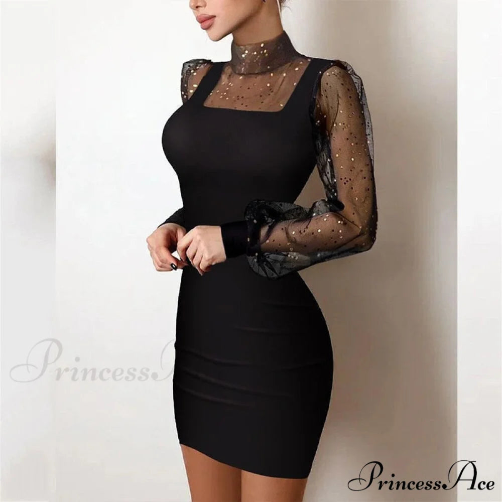 Shiny Silk Turtleneck Mesh Patchwork Long Sleeve A-line Dress