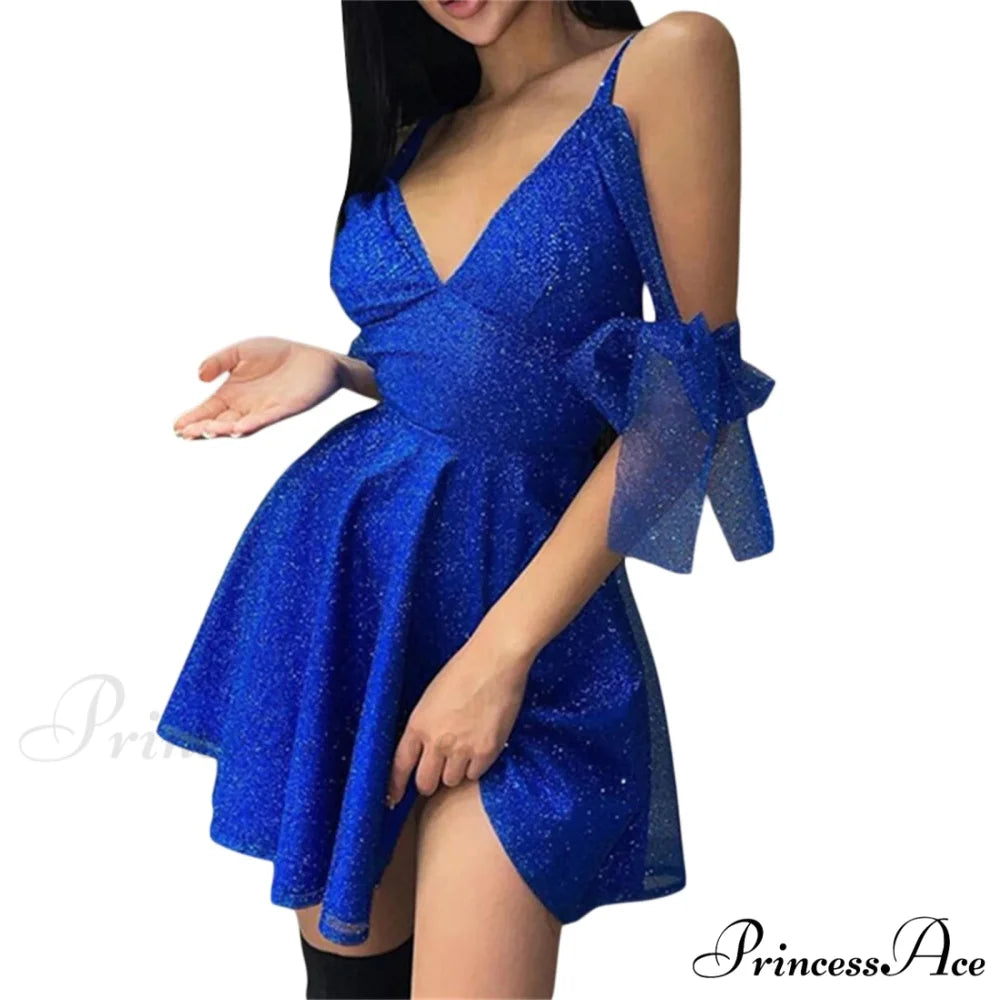 Shiny Slim Black V-Neck Party Dress Blue / S