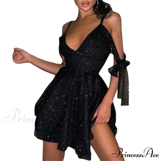 Shiny Slim Black V-Neck Party Dress Black / S