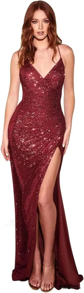 Shiny V-Neck Deep Back Glittery Maxi Dress Burgundy / 2