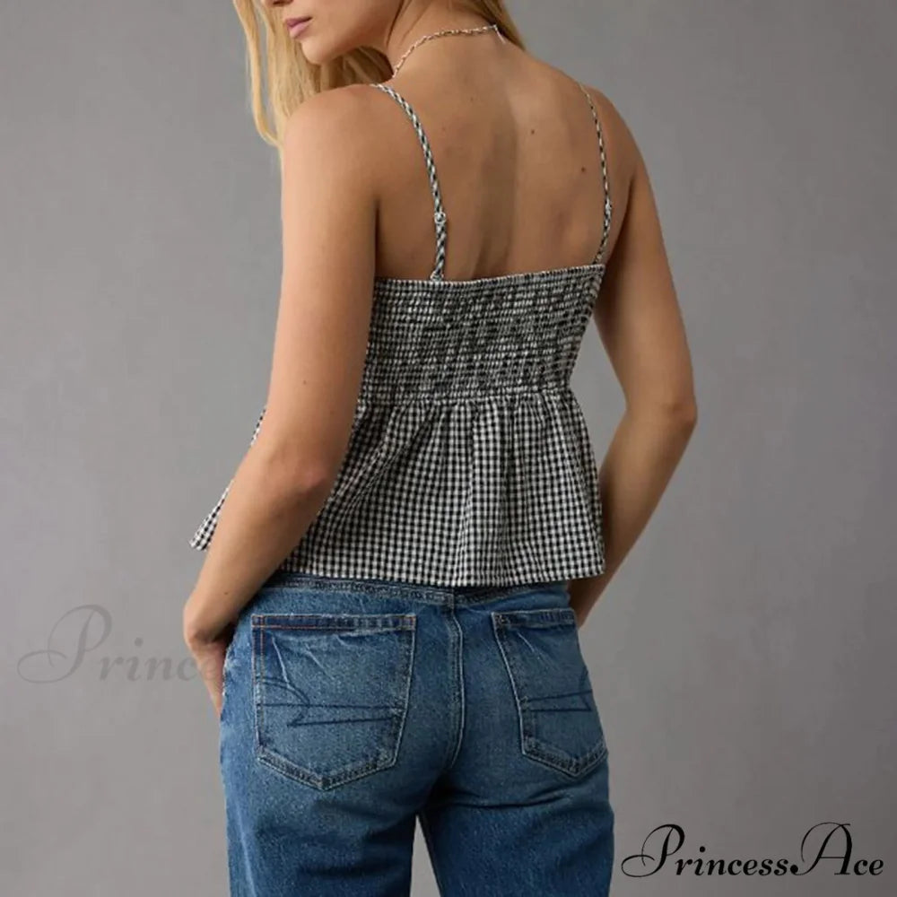 Shirred Checked Peplum Crop Top croptop-250223