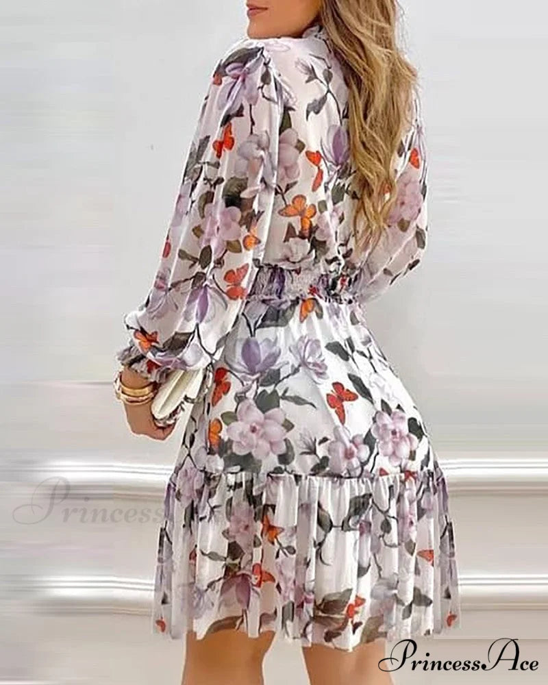 Shirred Gown Arm Lantern Flowered with Ruffles
