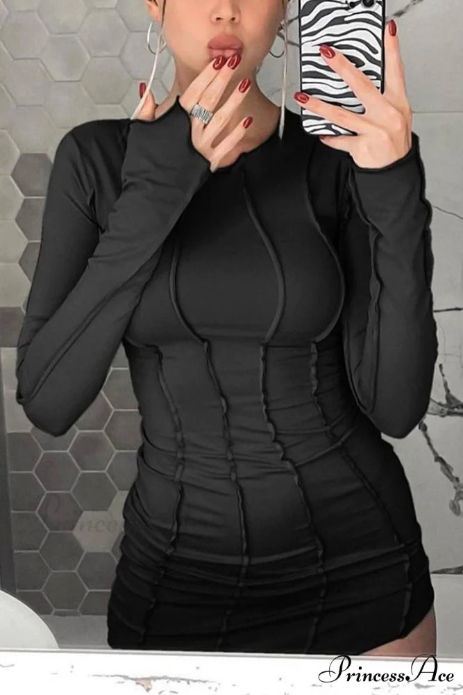 Shirred Long Sleeve Bodycon Mini Dress Black / L