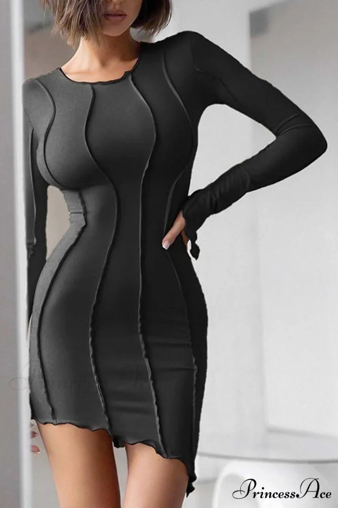 Shirred Long Sleeve Bodycon Mini Dress Black / M