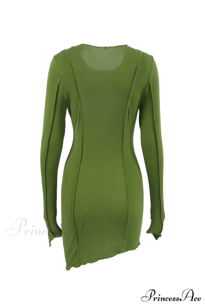 Shirred Long Sleeve Bodycon Mini Dress Green / L