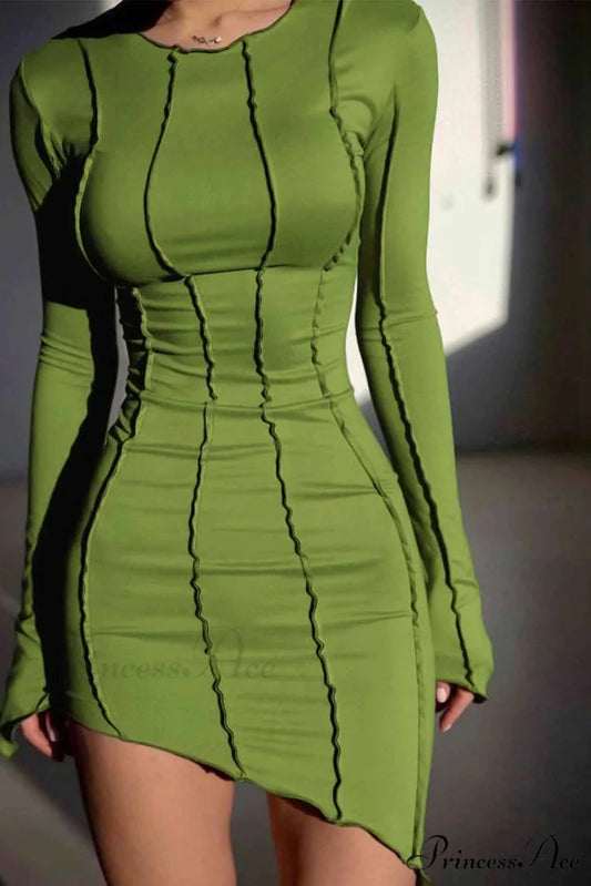 Shirred Long Sleeve Bodycon Mini Dress Green / S