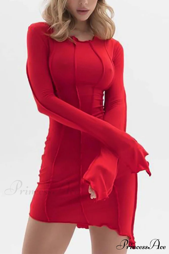 Shirred Long Sleeve Bodycon Mini Dress Red / S