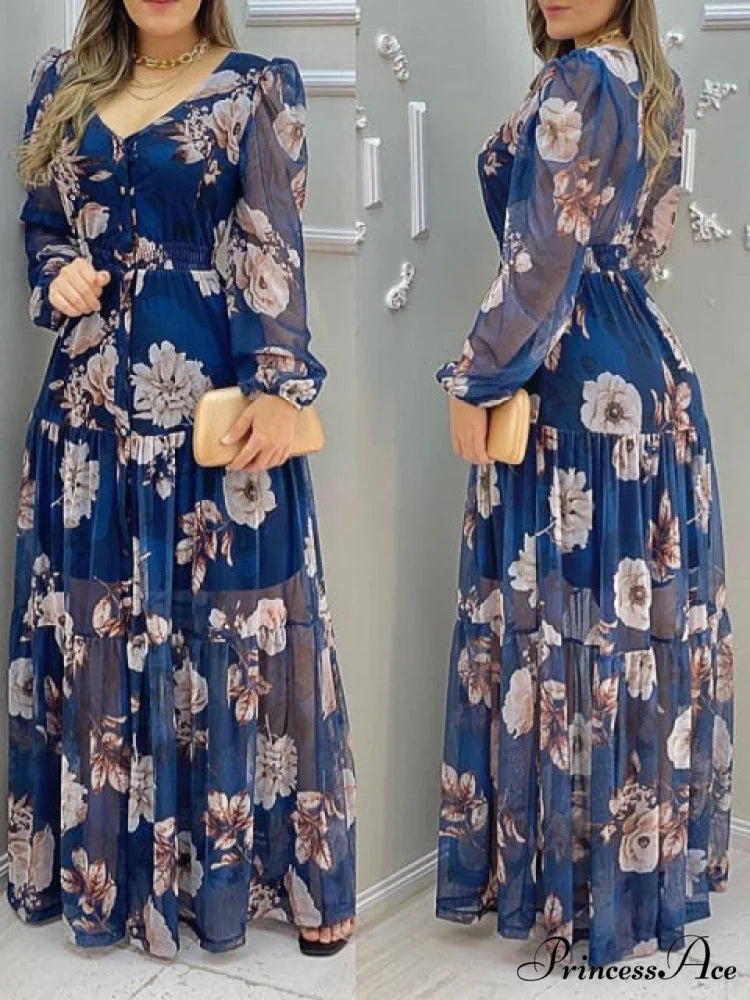 Shirred Ruffles Midi Vestidos Elegant Party Dress Blue 1 / S