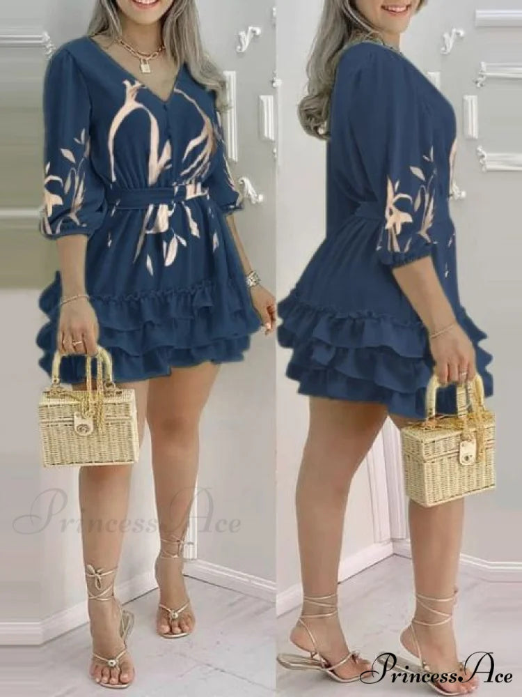 Shirred Ruffles Midi Vestidos Elegant Party Dress Blue 2 / S